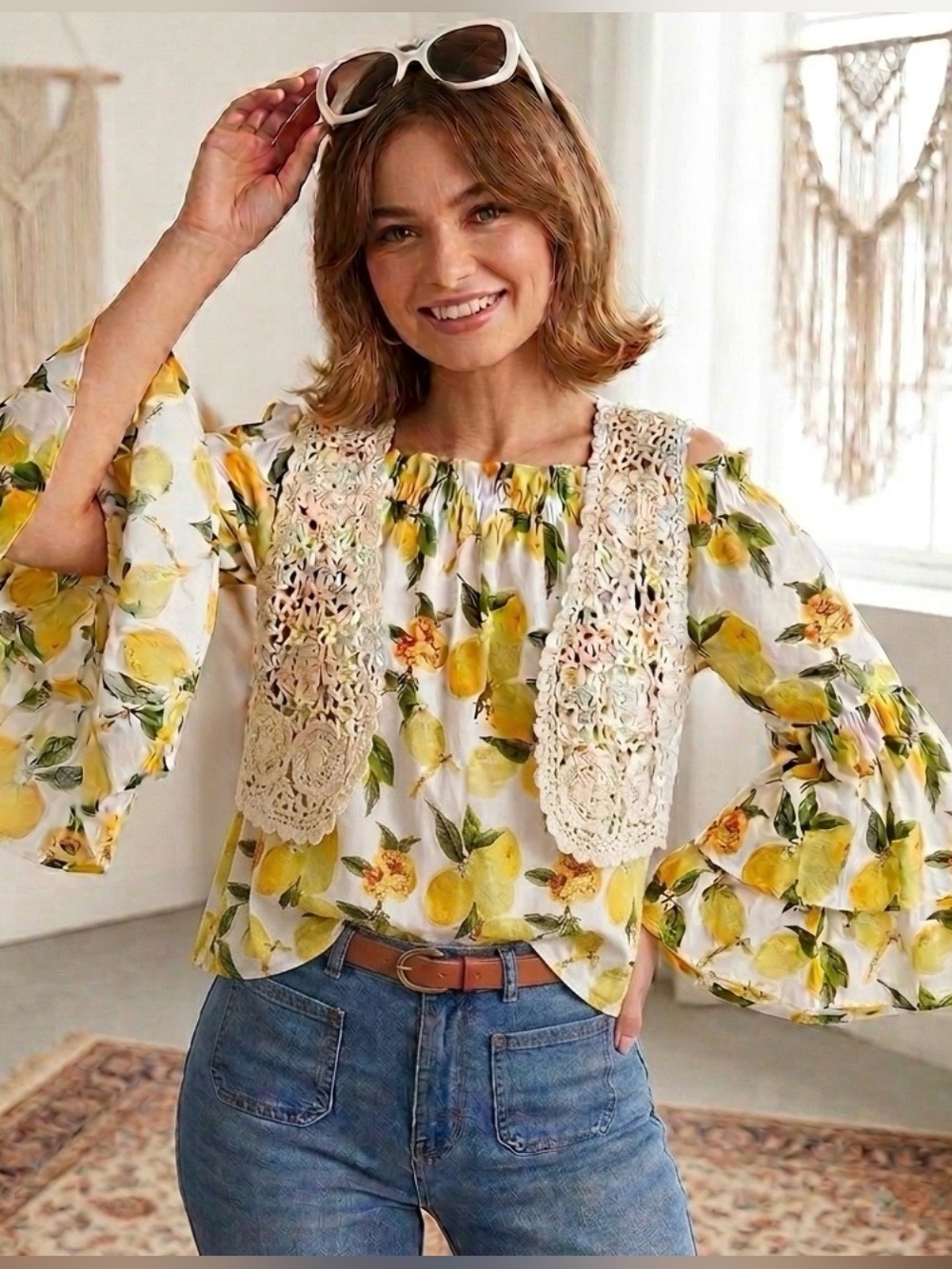 White Lemon-Print Off-Shoulder Bell Sleeve Blouse 100% Cotton  Sz M